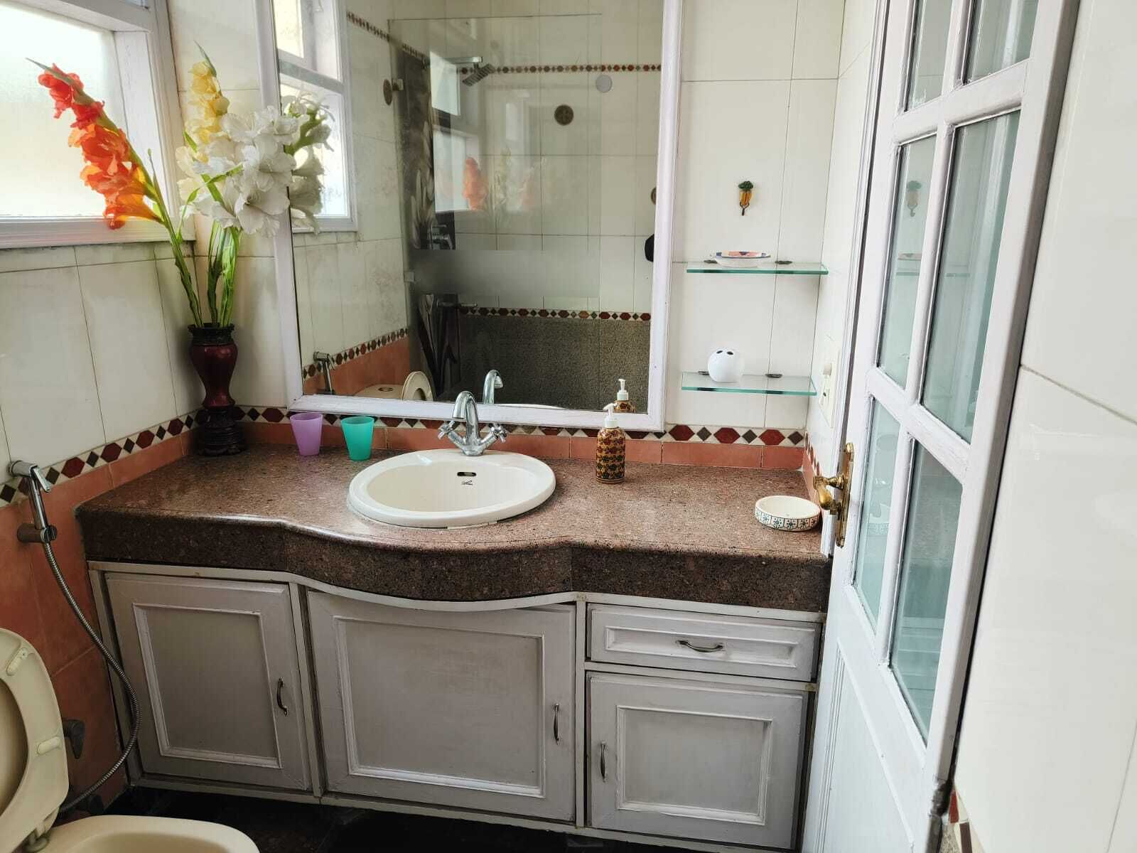 A bathroom with a white sink, a mirror, a shower, and a toilet.