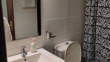 A bathroom with a white sink, a mirror, a toilet, and a shower curtain with a zebra pattern.