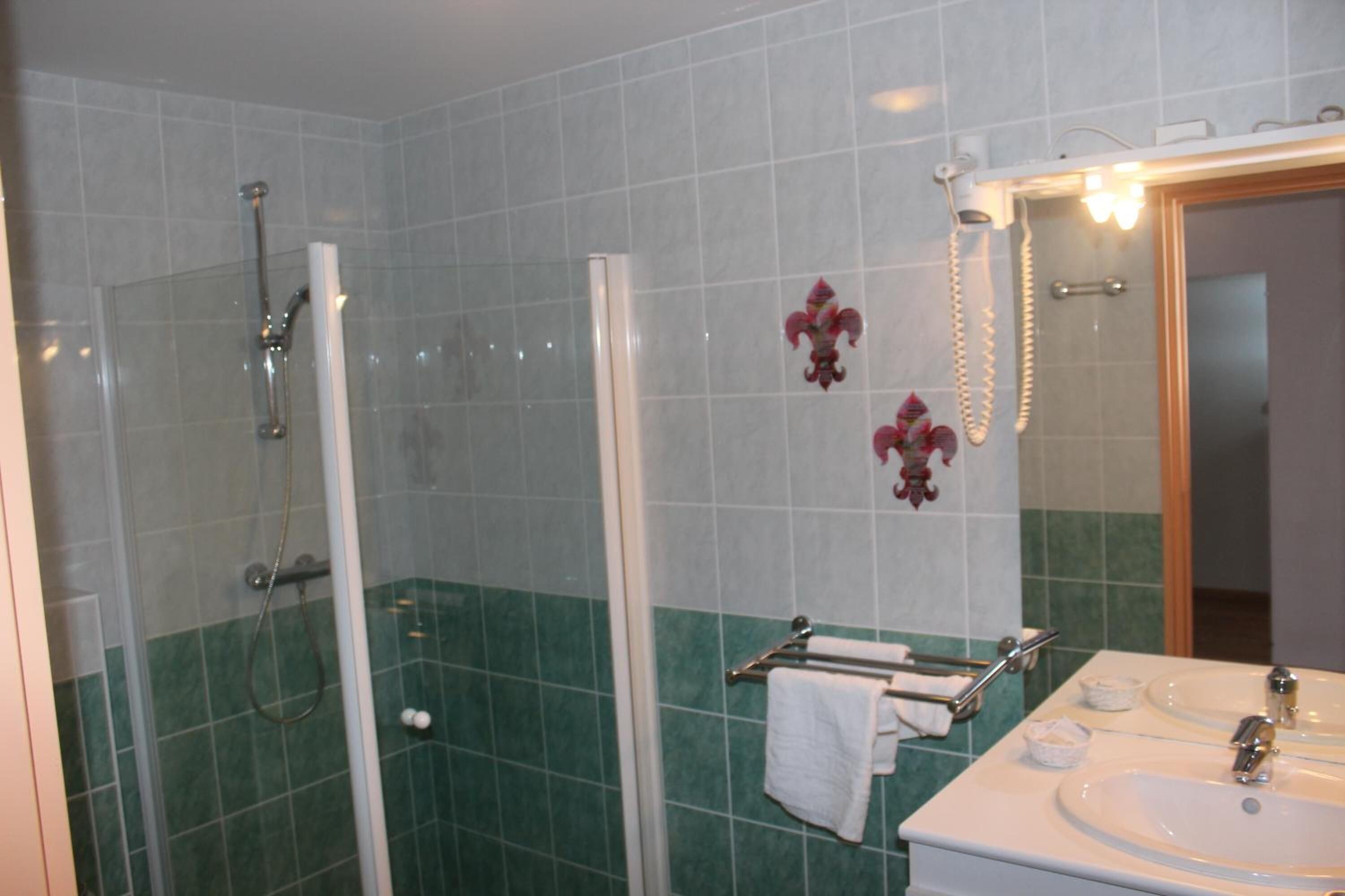 Een badkamer met een douche met glazen wand, twee wastafels, een spiegel en een handdoekrek.