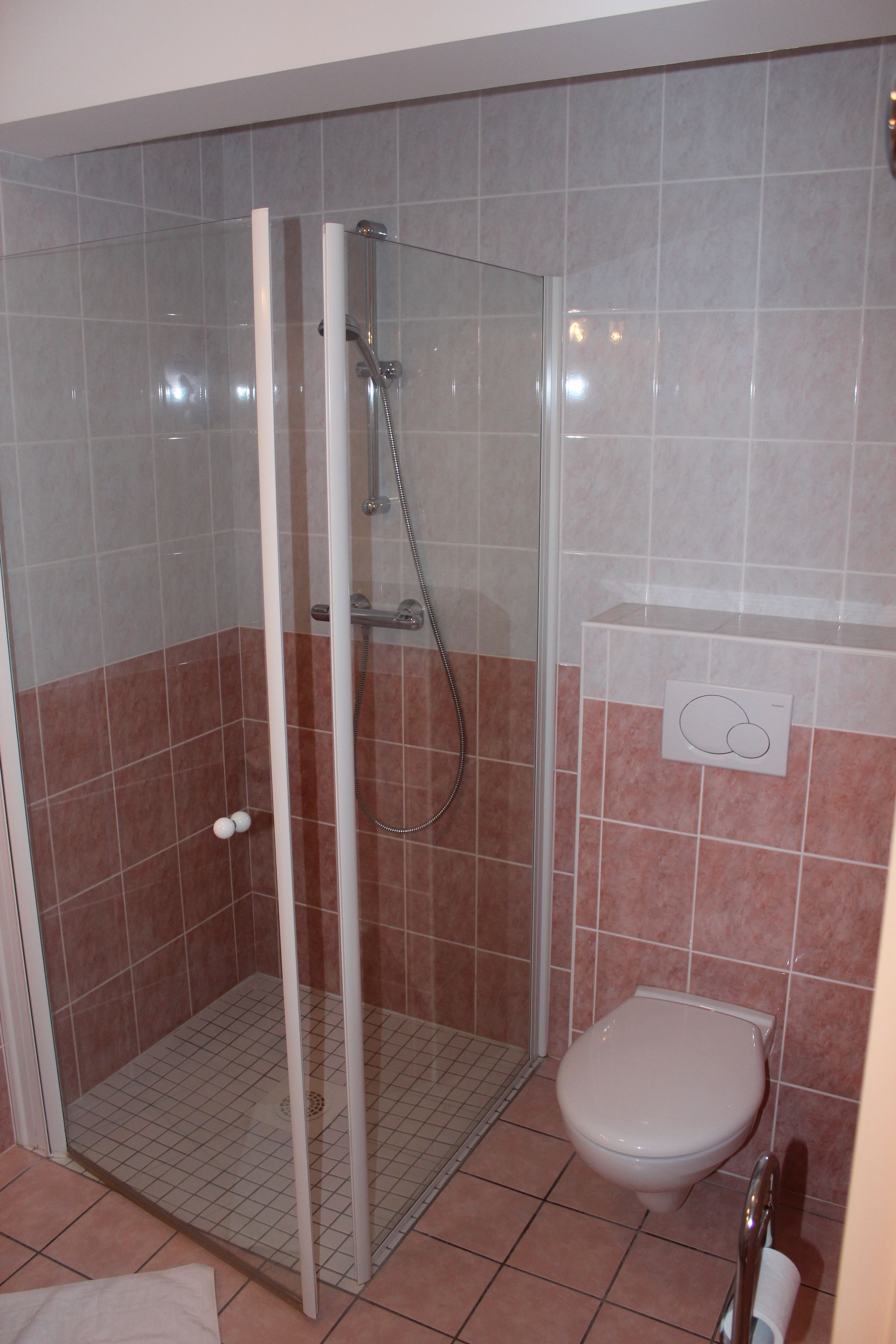 Een badkamer met een douchecabine van glas, een toilet en een betegelde vloer.