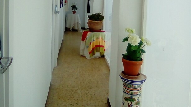 Un estrecho pasillo con paredes blancas, vigas de madera en el techo y suelo de baldosas. Hay plantas en macetas y una pequeña mesa con mantel a lo largo de las paredes.