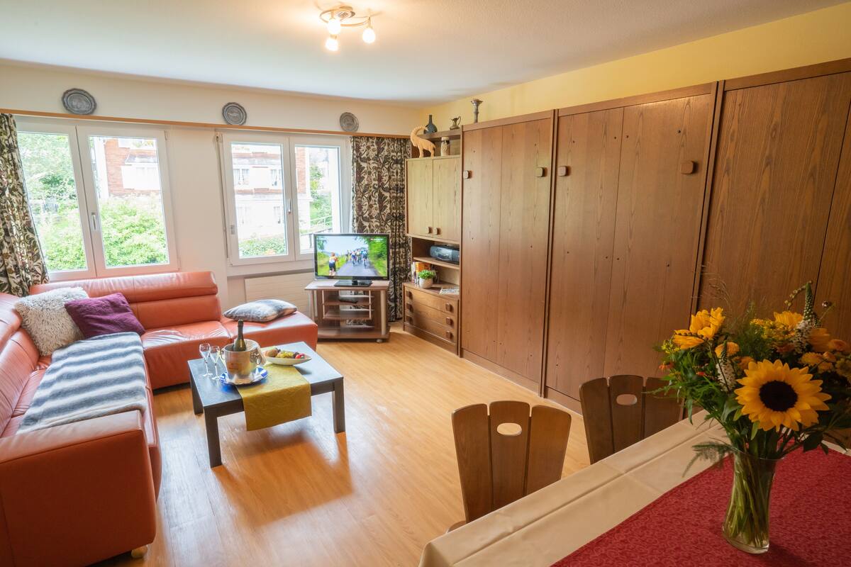Un salon comprenant un canapé, une table basse, un téléviseur, des meubles en bois et un vase avec des fleurs.