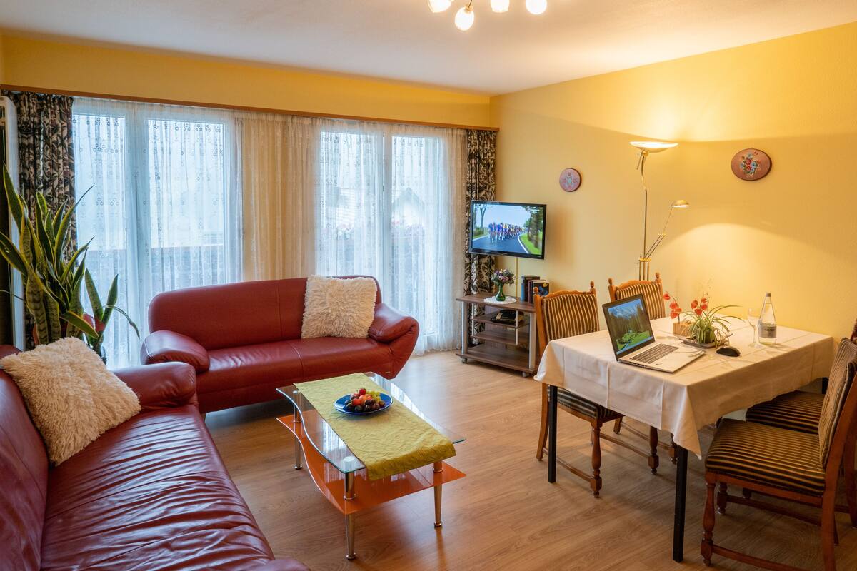 Un salon avec un canapé rouge, une table à manger avec des chaises, un téléviseur et une plante.