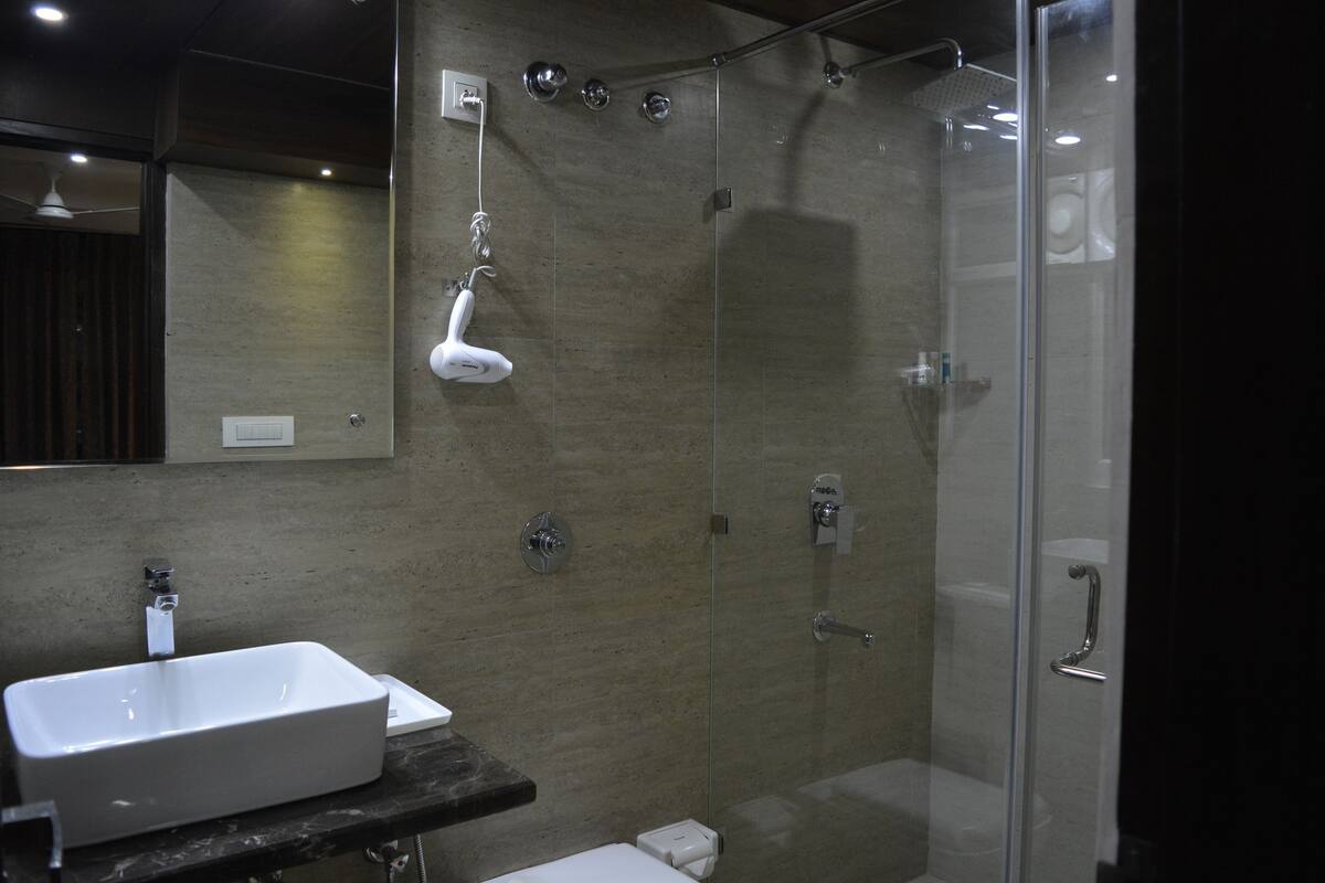 A modern bathroom with a glass-enclosed shower, a white sink, and a mirror above the sink.