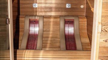 A sauna with two benches, wooden walls, and a tiled floor.