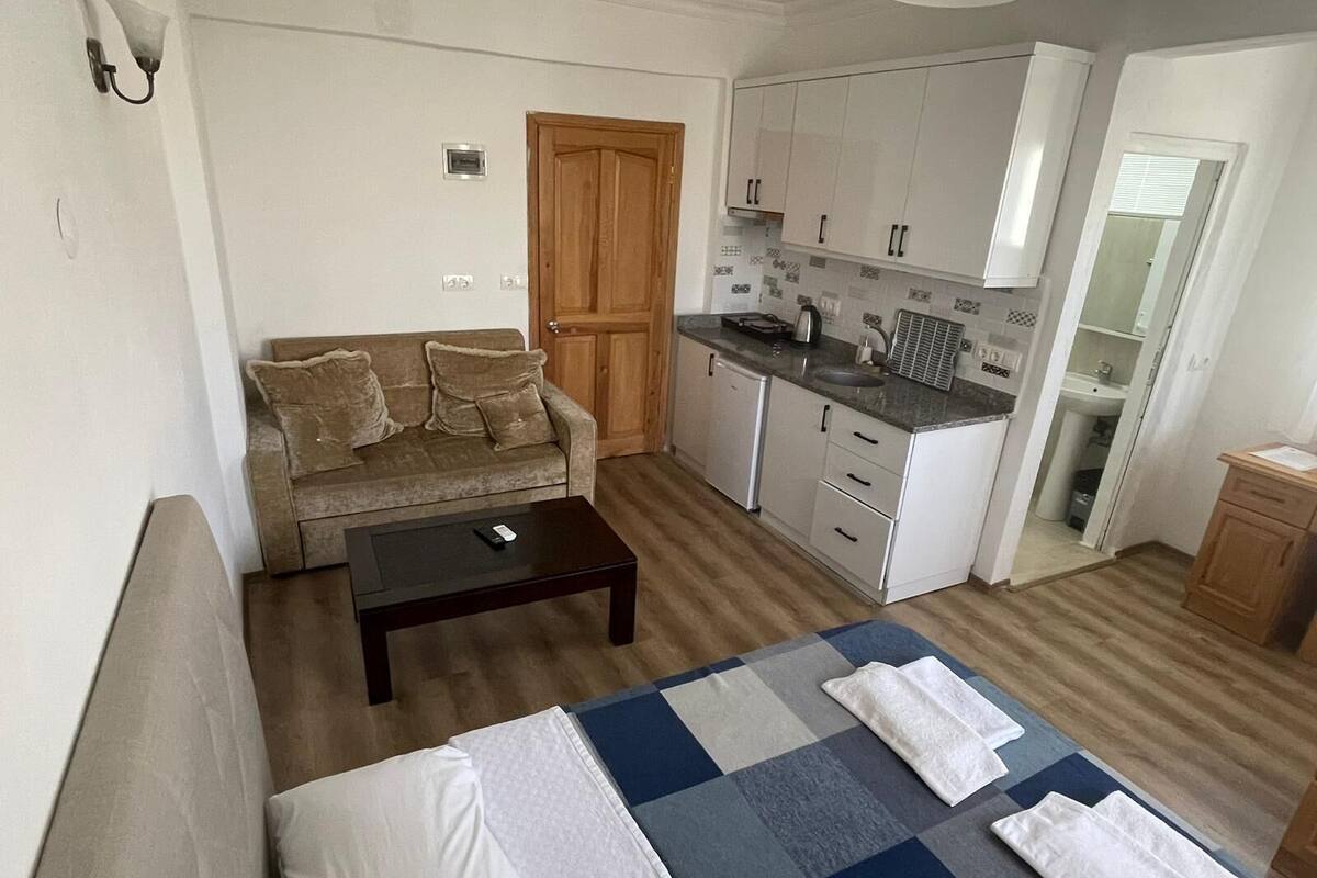 A compact living space with a sofa, a coffee table, a bed with a checkered duvet, a kitchenette, and a wooden door.