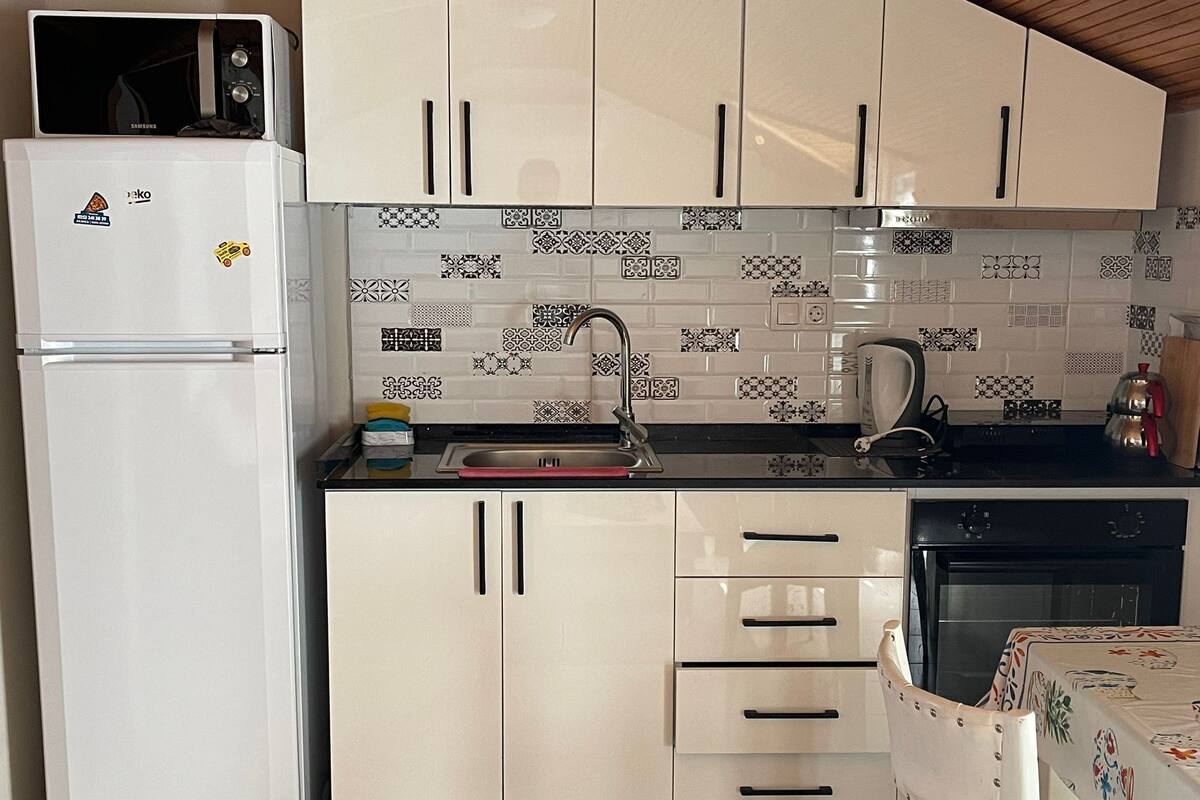 A compact kitchen with a white refrigerator, a sink, and a stove.