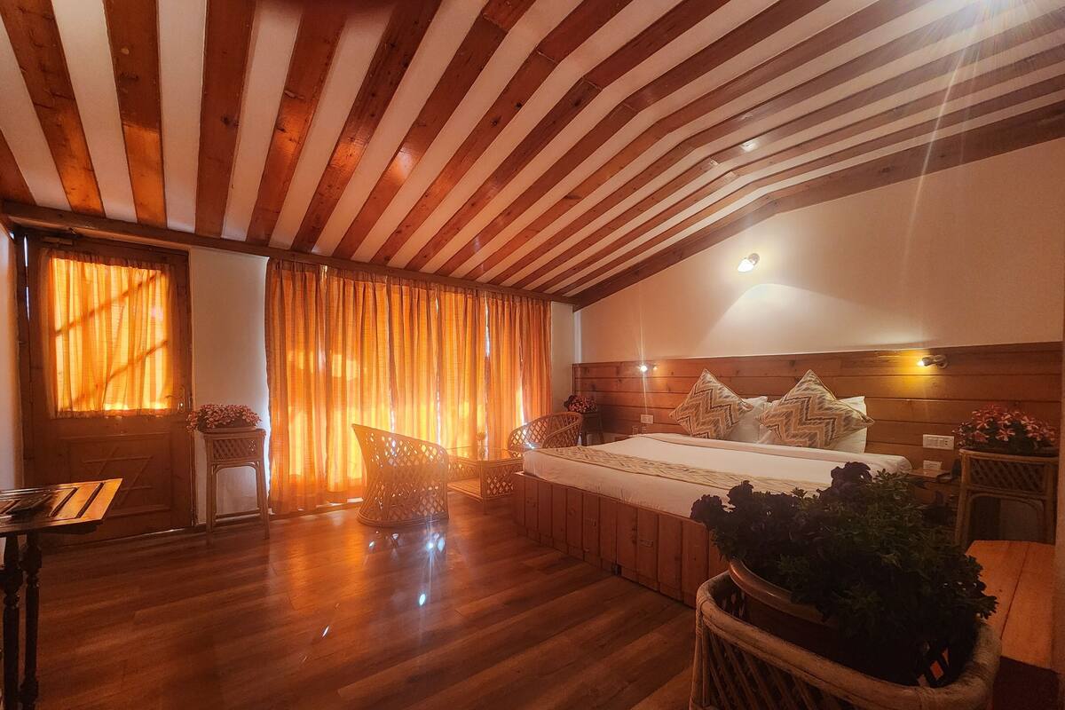 A room with a wooden ceiling, a bed with patterned pillows, a small table with a plant, and a chair.