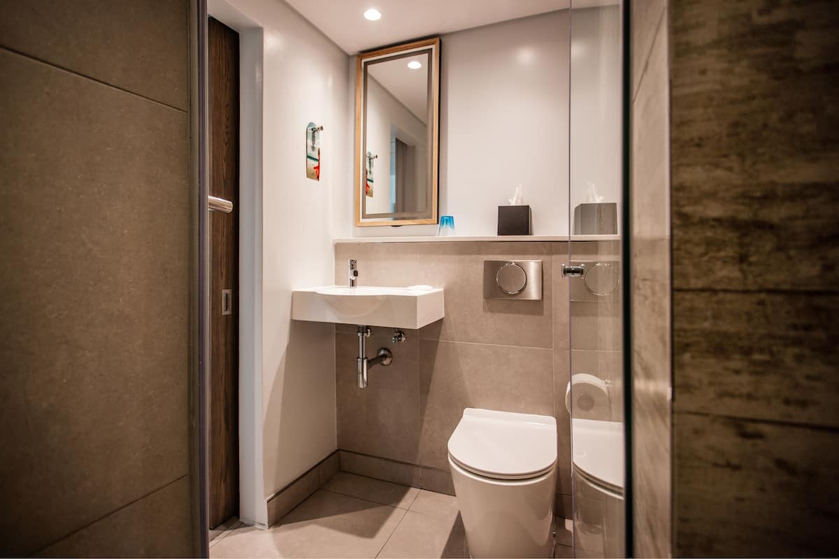 Standaard tweepersoonskamer | Badkamer | Een douche, een regendouche, gratis toiletartikelen, een haardroger
