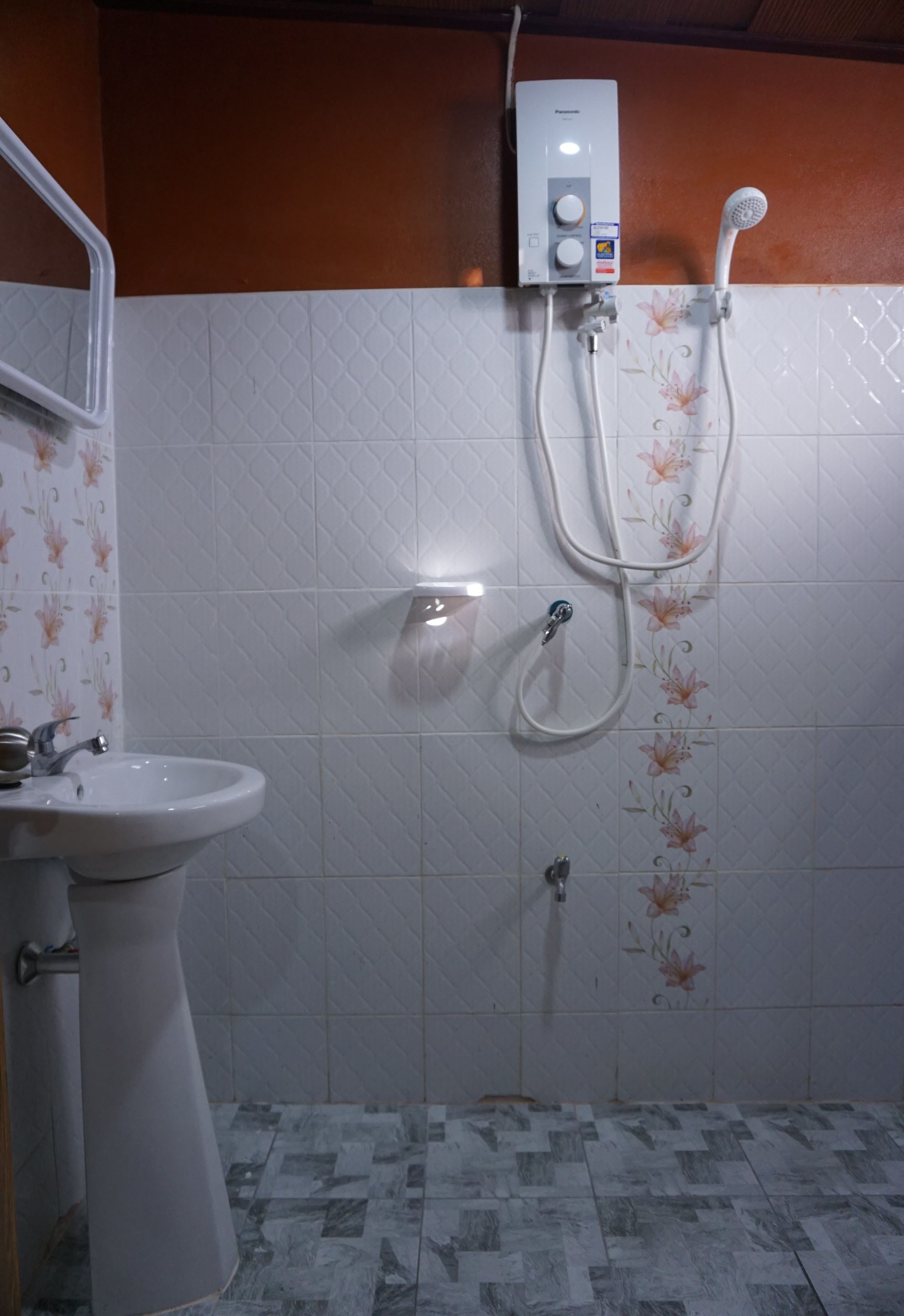 Un baño con lavamanos pedestal, cabezal de ducha de mano y calentador de pared.