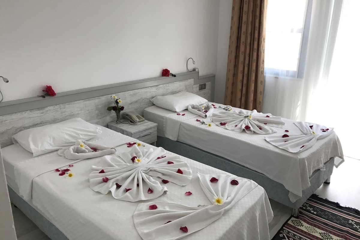 A hotel room with two beds, each adorned with a towel arranged in a fan shape and decorated with rose petals and a single flower.