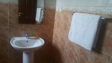 Combined shower/tub, deep soaking tub, free toiletries, towels