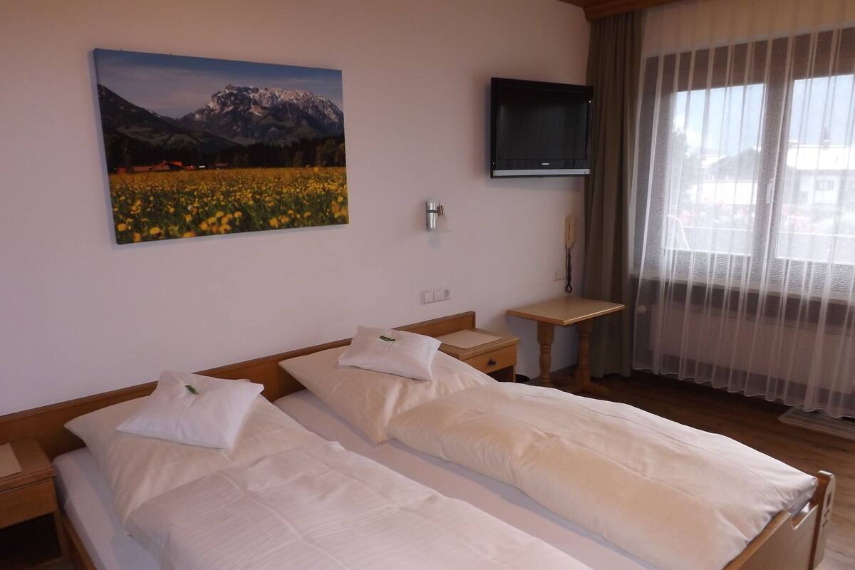 Une chambre d’hôtel avec deux lits, une télévision, une petite table et un tableau représentant un paysage de montagne.