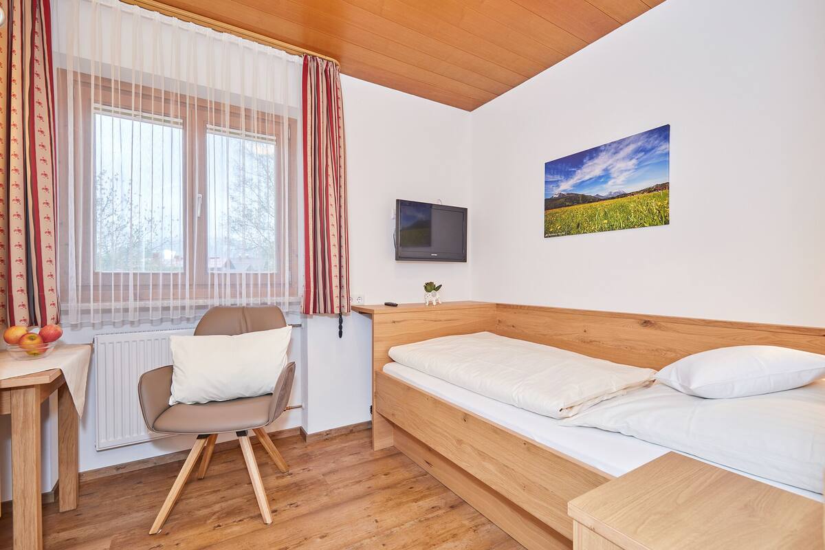 Une chambre avec un lit en bois, une chaise, un bureau sur lequel se trouve un panier de fruits, un radiateur, une télévision et un tableau représentant un paysage.