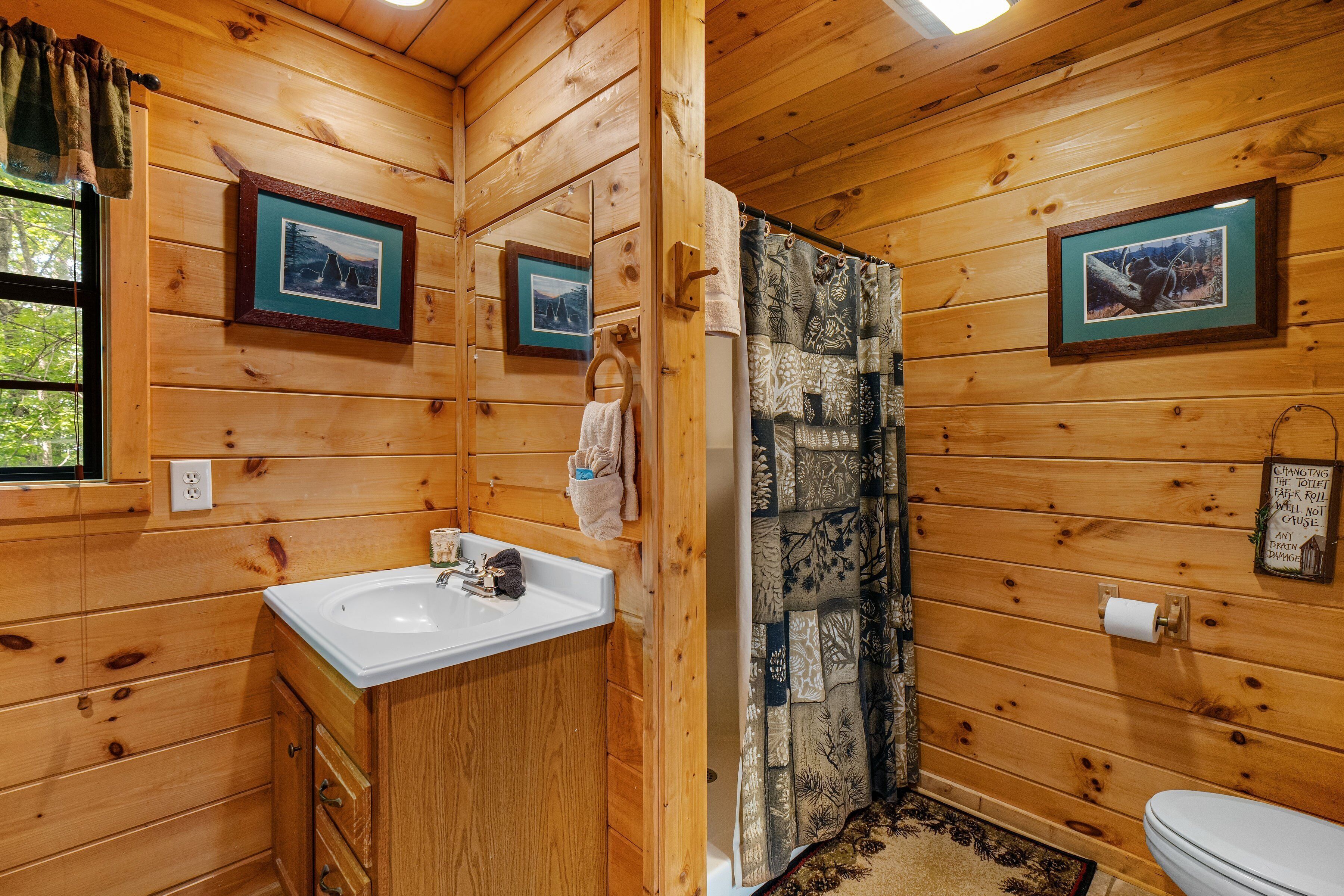Ein Badezimmer einer Holzhütte mit Waschbecken, Toilette und Dusche.