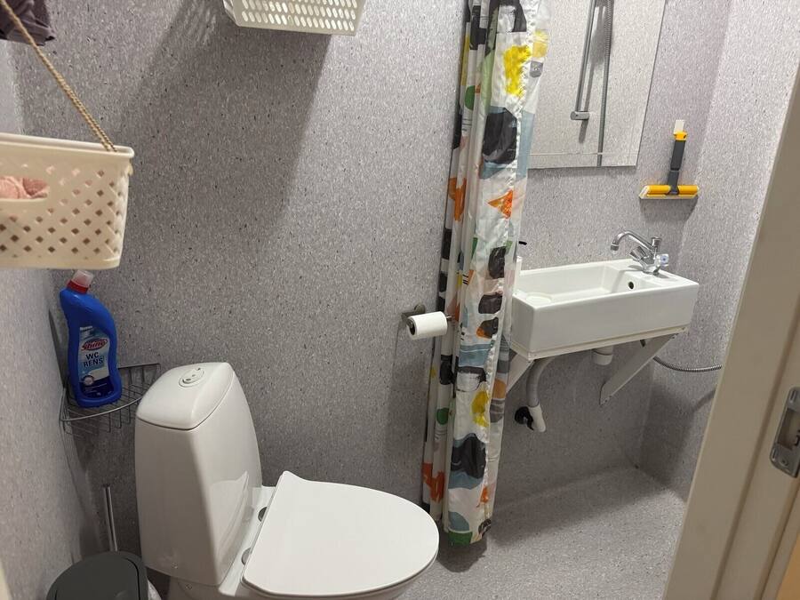 Un bagno piccolo con il water, un lavandino e una tenda da doccia.