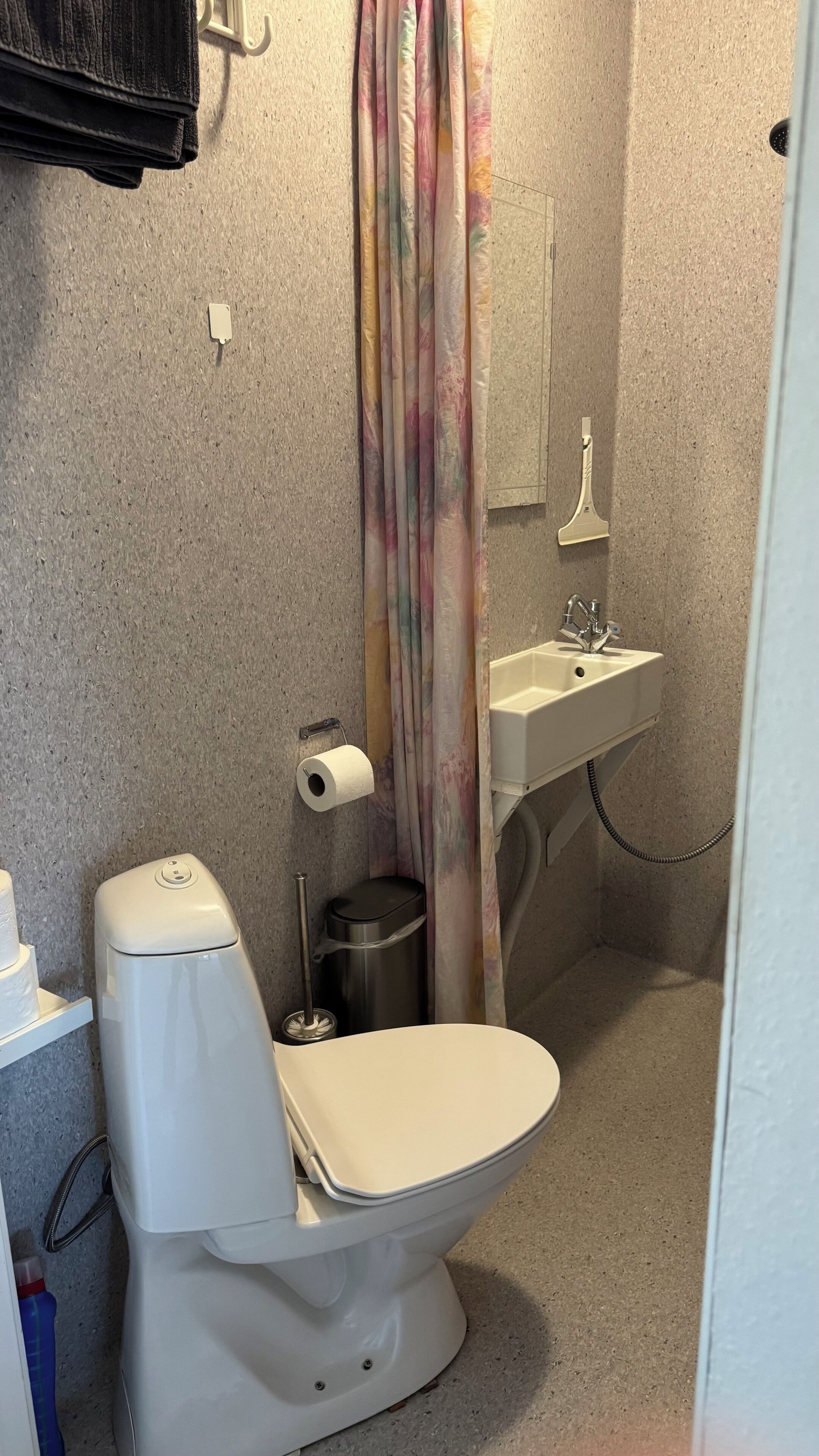 A bathroom with a toilet, sink, and shower curtain.