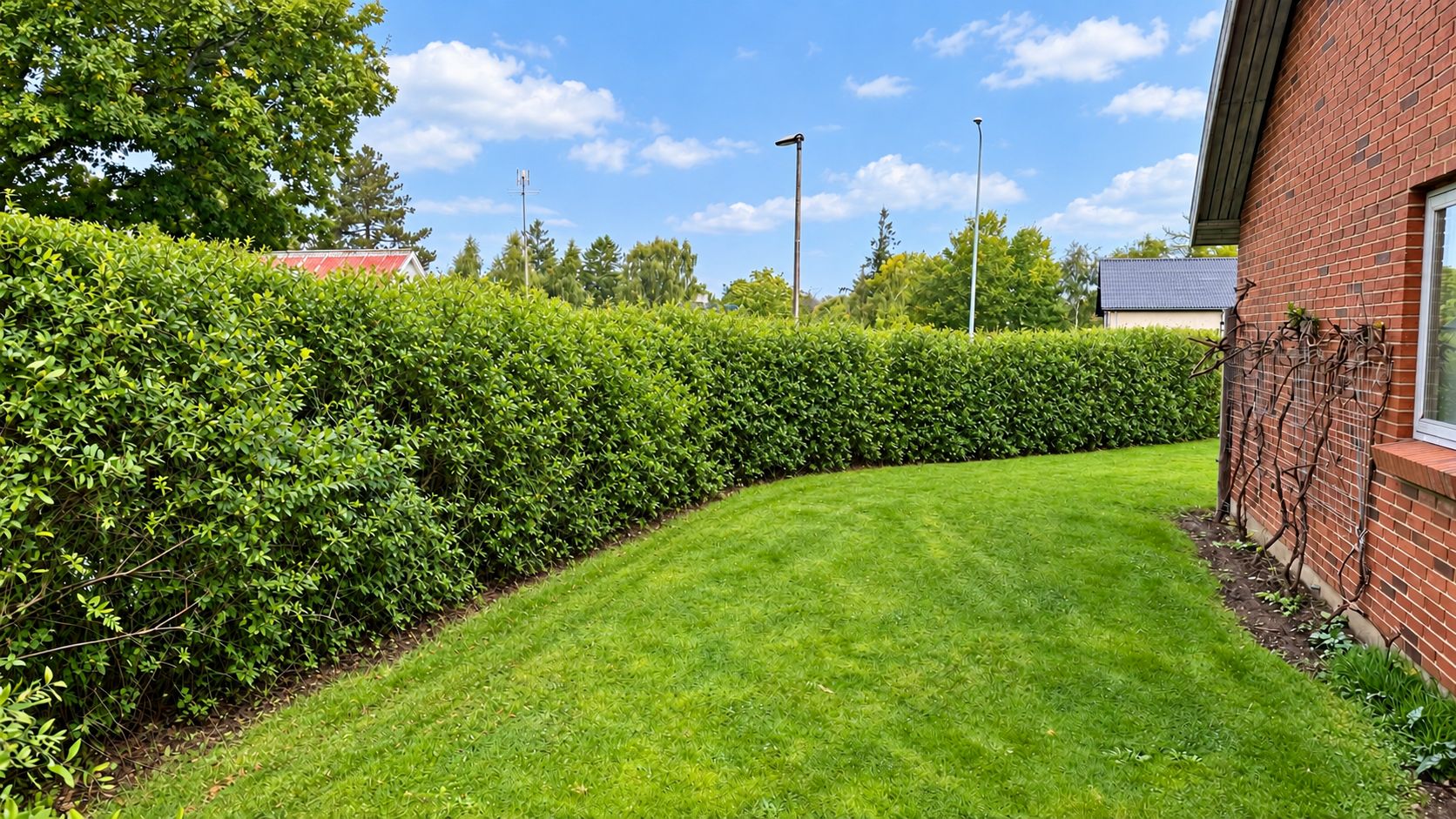 A well-maintained lawn with a hedge and a brick building with a window.