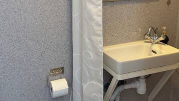 Un baño con cortina de ducha, un lavabo con espejo y un inodoro.