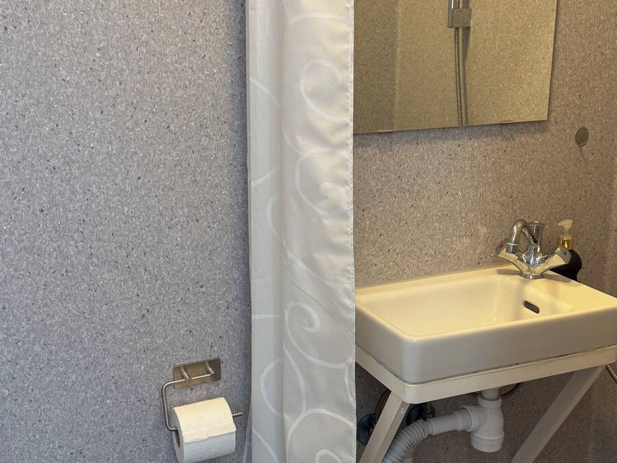 Un baño con cortina de ducha, un lavabo con espejo y un inodoro.