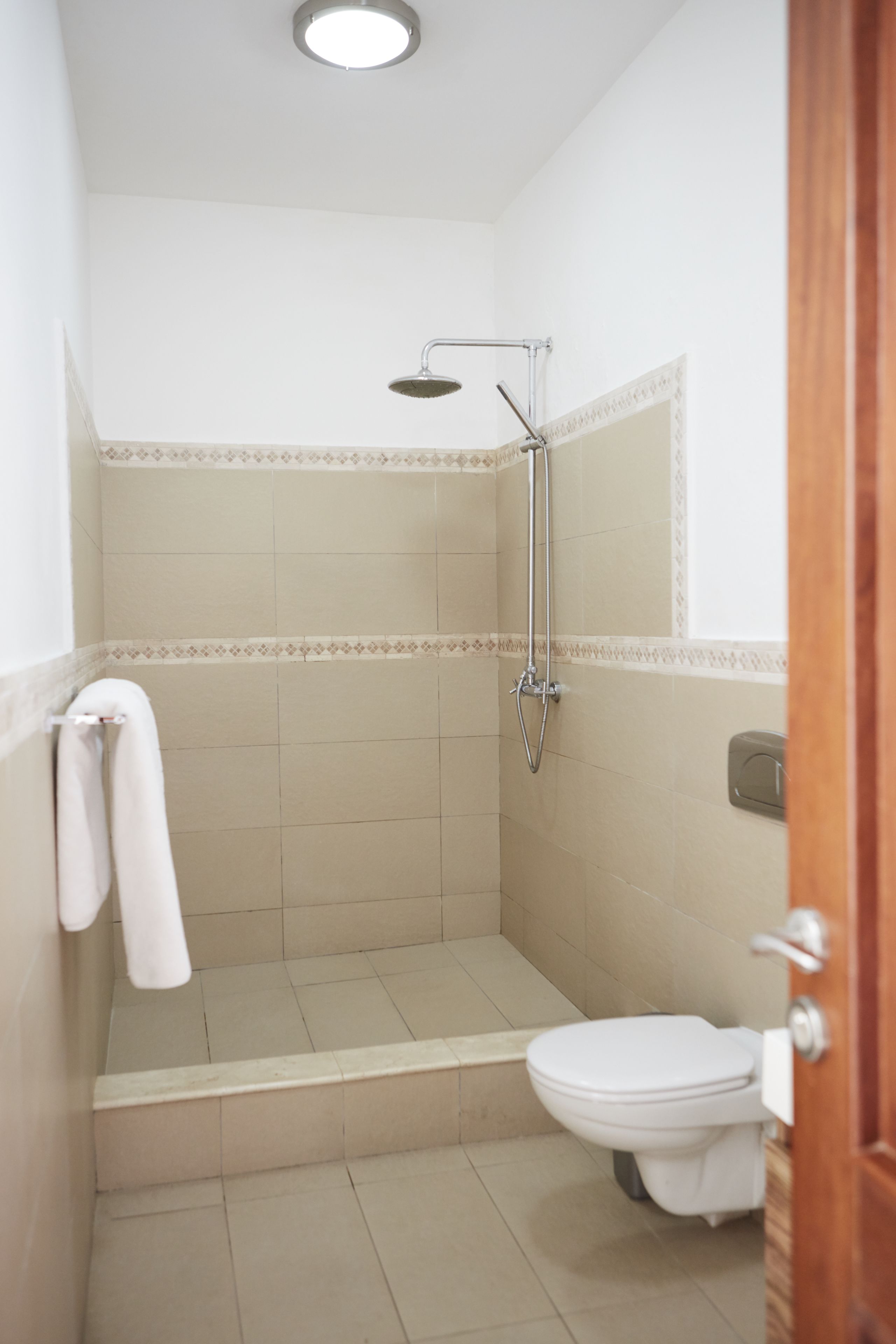 Un petit espace douche fermé, équipé de toilettes et d’un porte-serviettes.