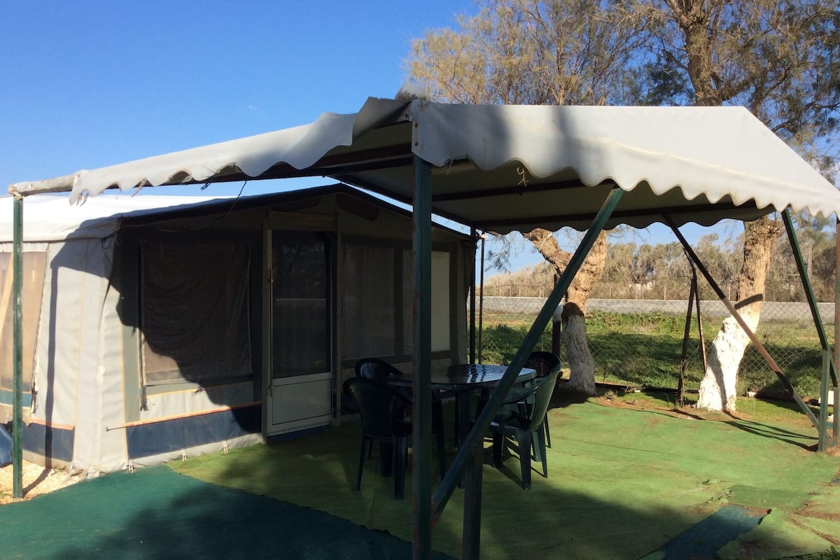 A covered outdoor seating area with a table and chairs, a tent-like structure, and a fenced garden.