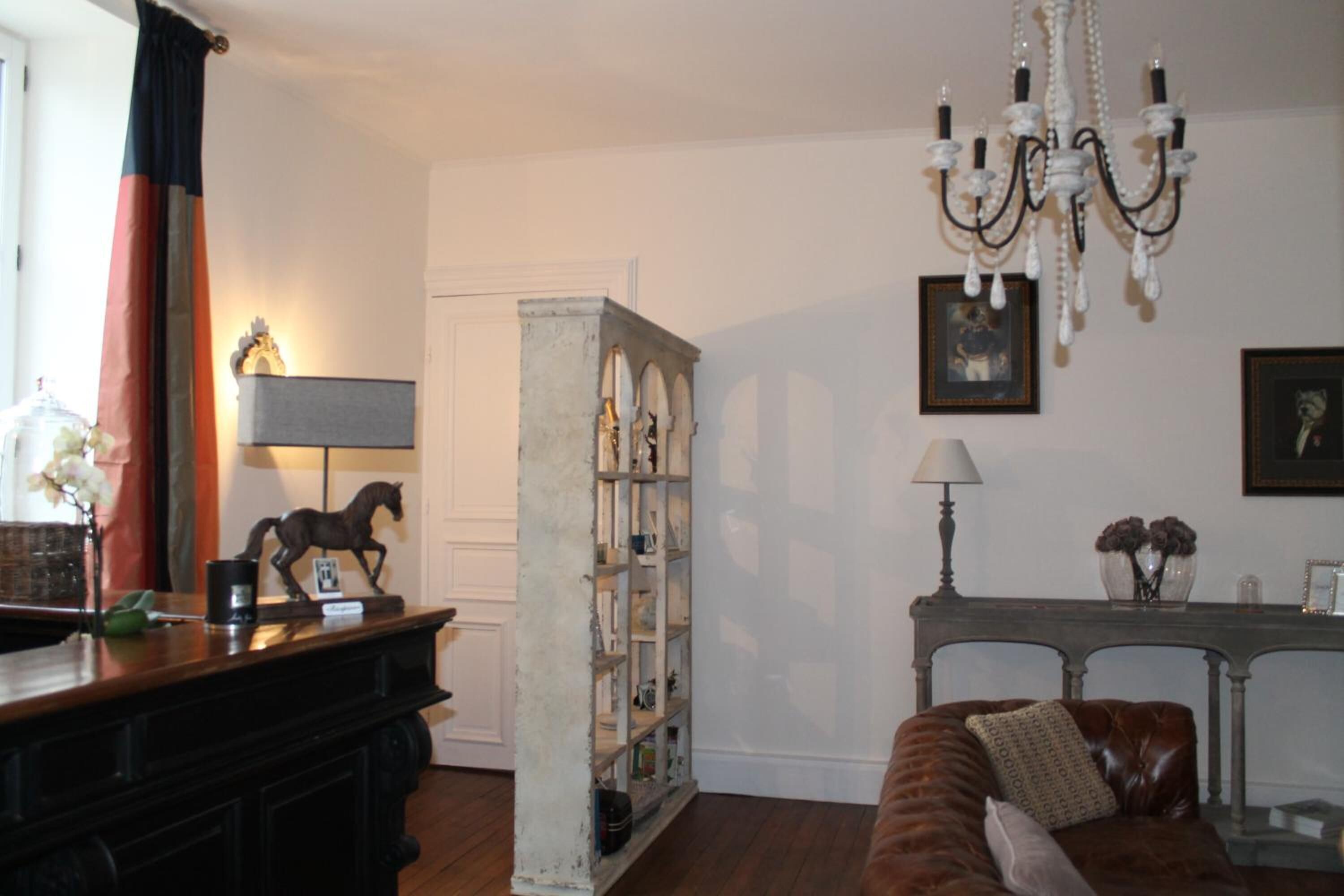 A living room with a fireplace, a bookshelf, a chandelier, and a brown leather sofa.