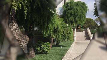 Un sentiero conduce a un edificio dallo stile architettonico moderno, circondato da vegetazione e da un muro in pietra.