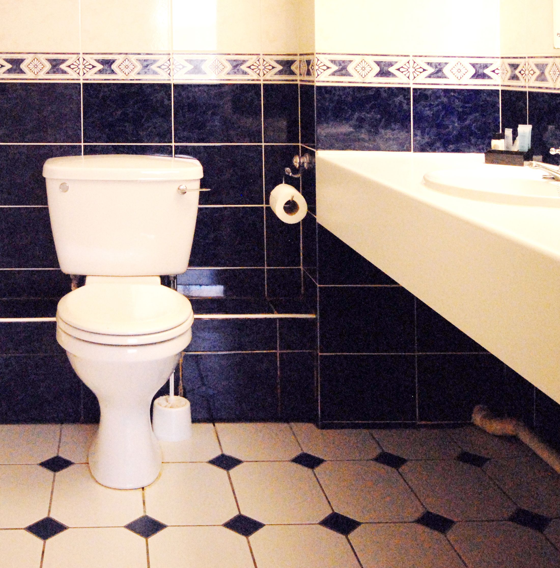 A bathroom with a toilet, a roll of toilet paper, and a sink.