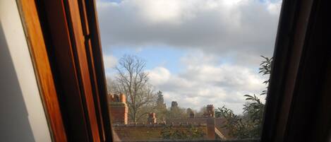 A skylight with a view of a cloudy sky, a brick chimney, and some trees.