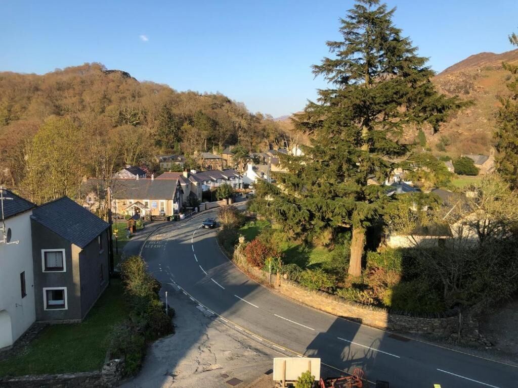 Une rue résidentielle bordée de maisons, avec un grand arbre et des collines en arrière-plan.
