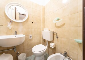 Shower, free toiletries, hair dryer, slippers