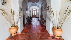 A hallway with terracotta tiles, two potted plants, a wooden door at the end, and a ceiling with a floral design. - Hotel Rural La Sinforosa (Alange)