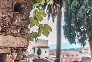 A stone wall with a vine growing over it, a tree in the background, and a building with a tiled roof.