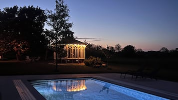 Seasonal outdoor pool, sun loungers