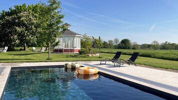Seasonal outdoor pool, sun loungers