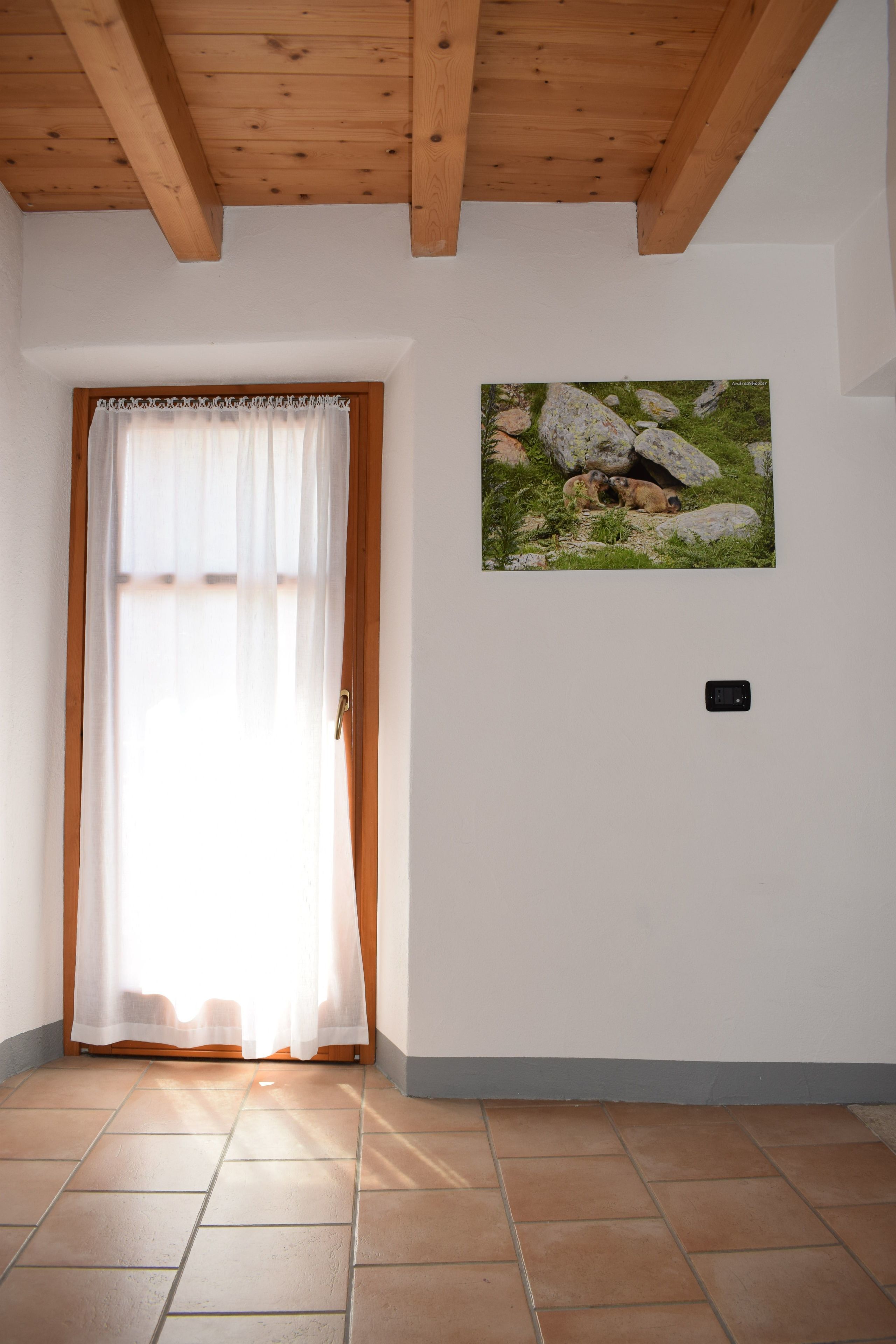 A room with a wooden ceiling, a door with a white curtain, a tiled floor, and a picture of rocks on the wall.