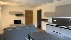 A modern, compact living space with a sofa, a dining table, a TV, and a kitchenette. - Italo-Svizzero (San Giacomo Filippo)