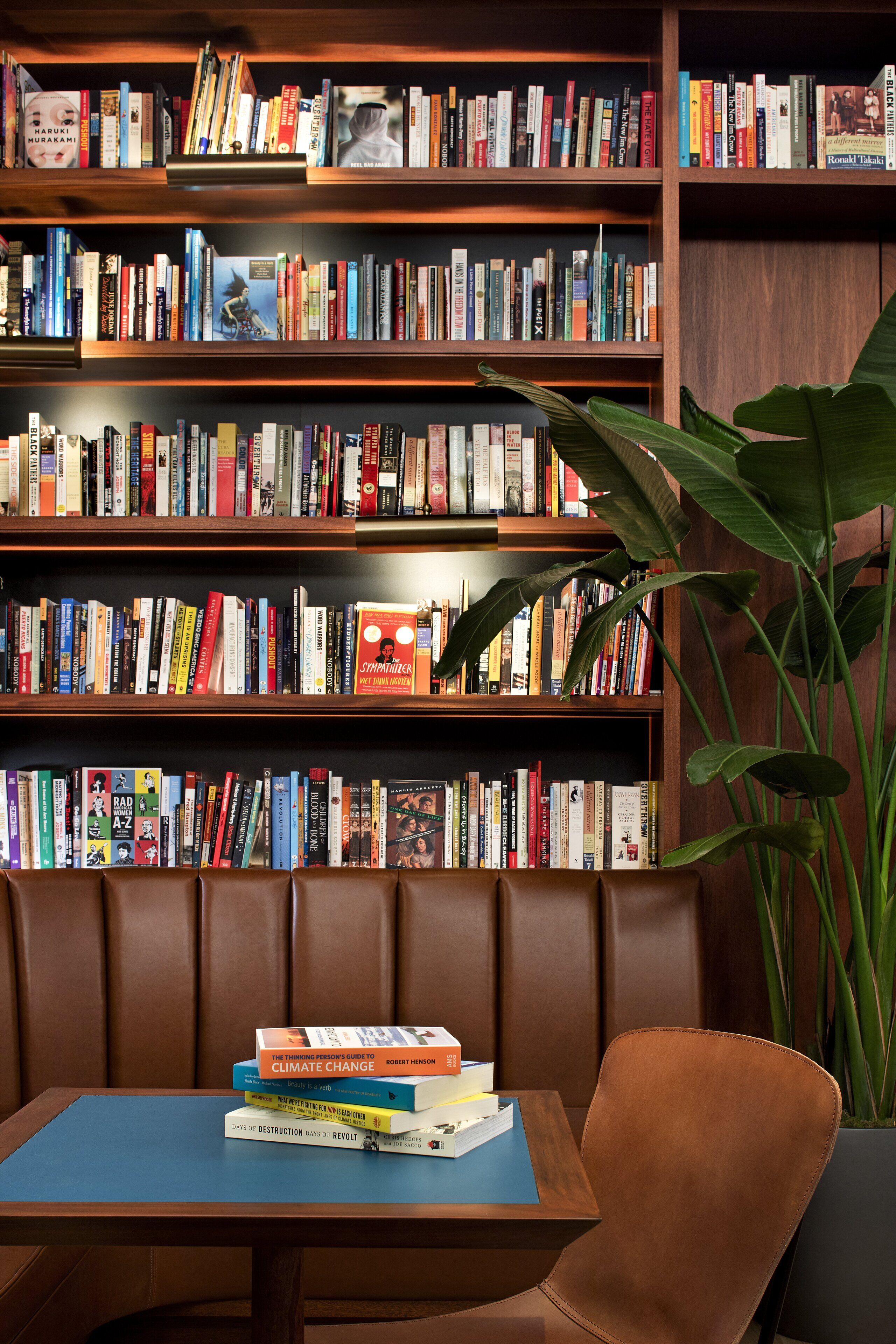 Una biblioteca con estanterías llenas de libros, una mesa con libros y una planta grande.