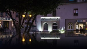 Un edificio con escaparate que dice 'Maison Doucet' y su reflejo en el agua.