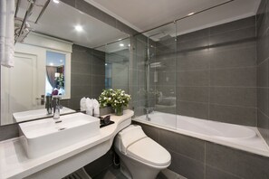 Shower, rainfall showerhead, designer toiletries, hair dryer
