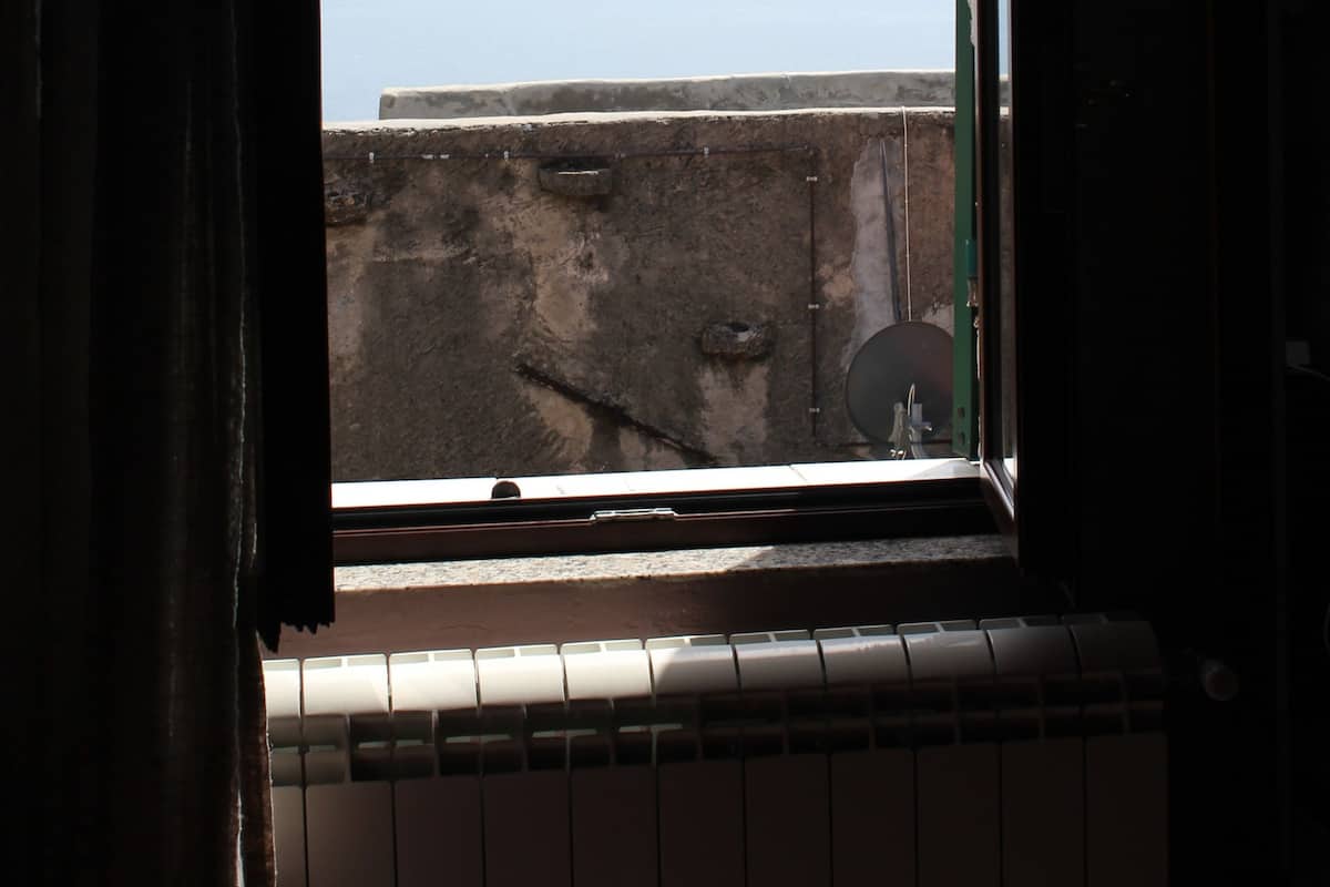 A window with a view of a building and a clear sky.