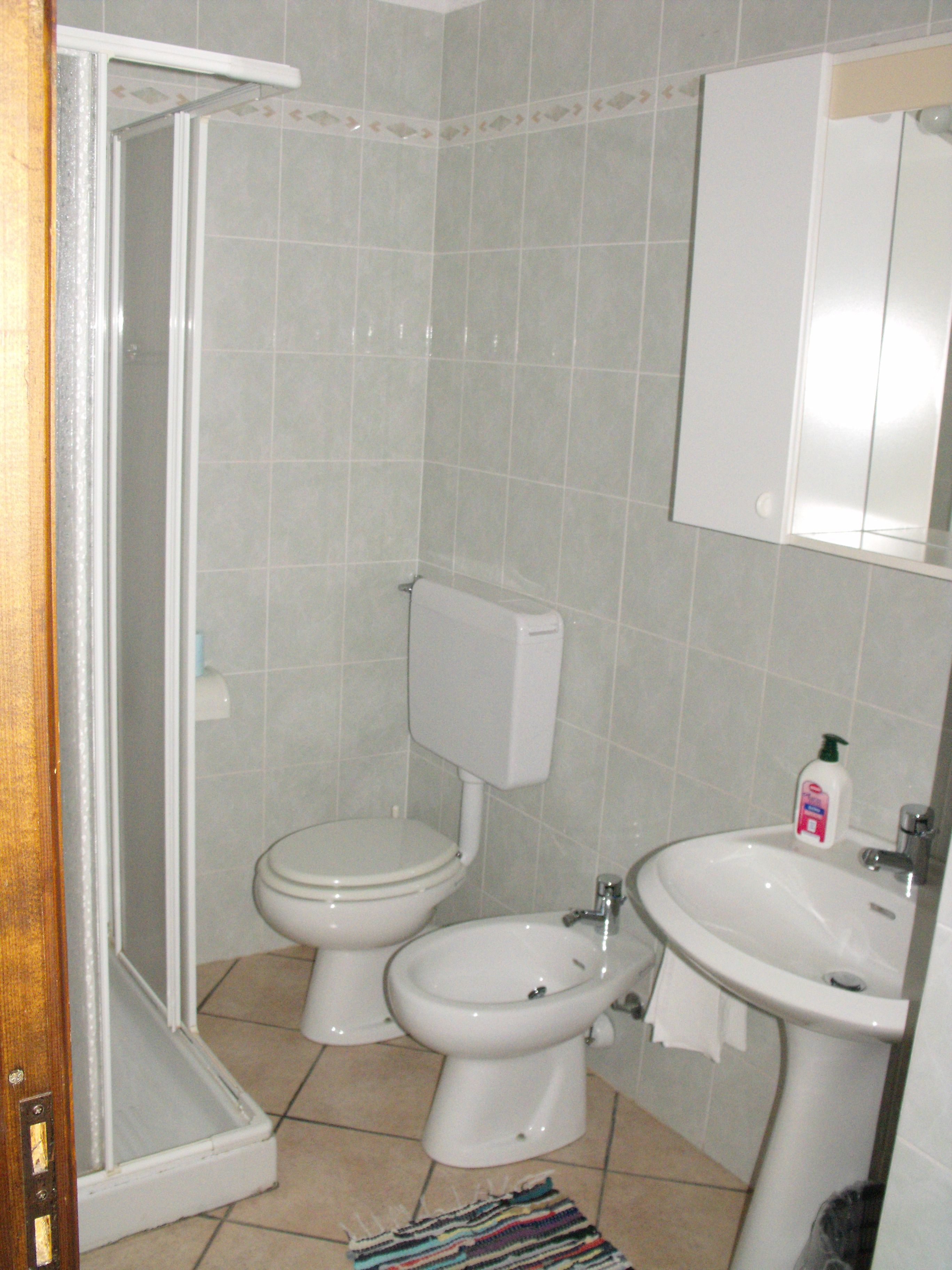 Ein Badezimmer mit zwei Toiletten, einem Waschbecken und einer Dusche.