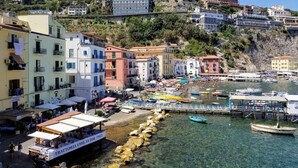 Une ville côtière aux bâtiments aux couleurs vives, dotée d’un port de plaisance et de nombreux bateaux.