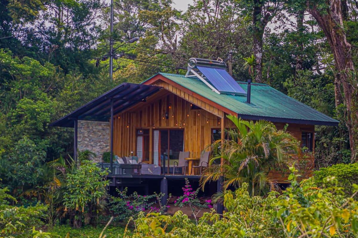 A wooden cabin with a green roof, surrounded by lush greenery and a solar panel.