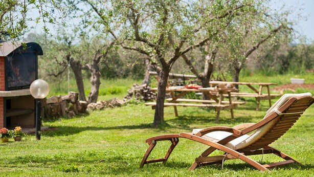 Un fauteuil de jardin en bois, placé dans un espace extérieur verdoyant, avec des tables de pique-nique et un barbecue en arrière-plan.