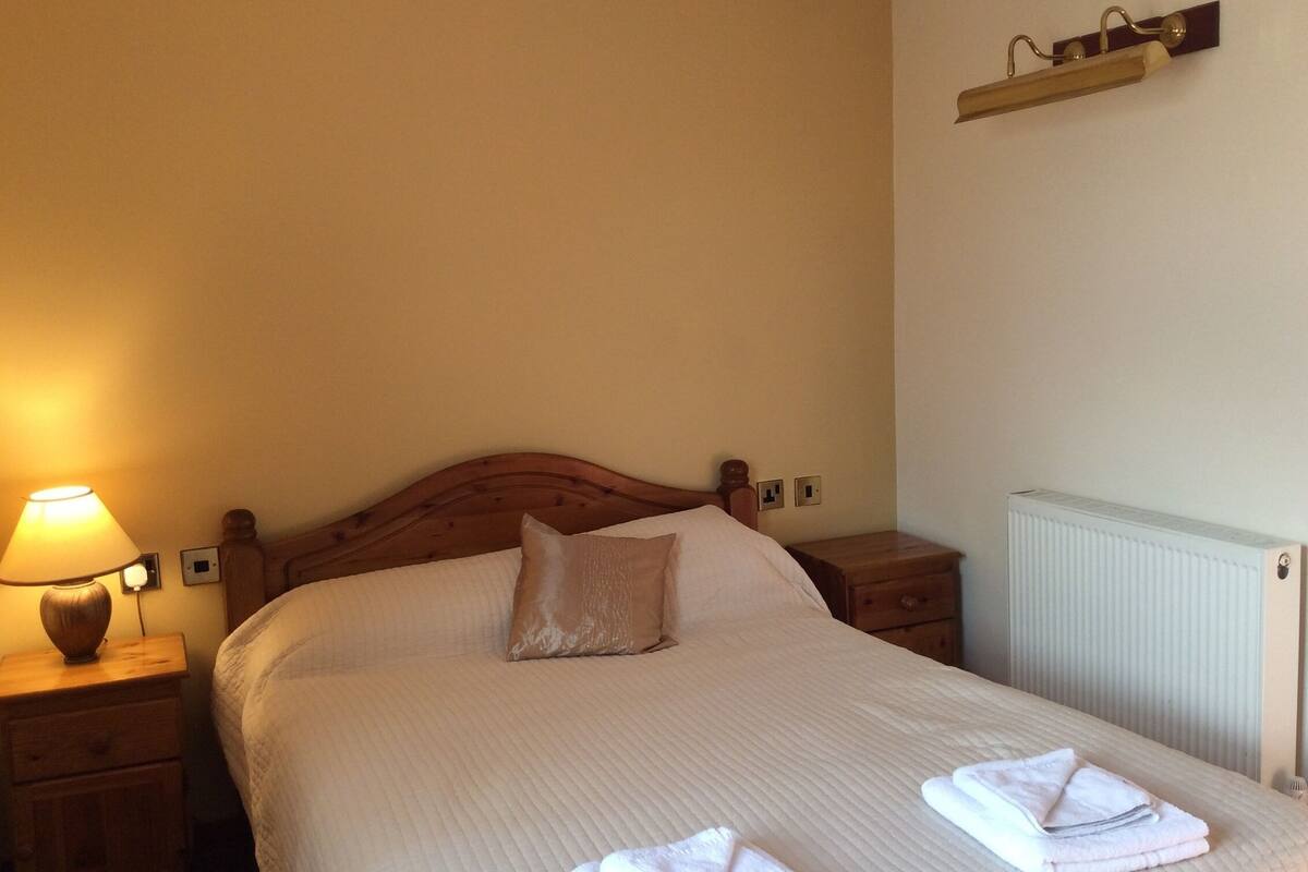 Un lit bien fait, avec une tête de lit en bois, une lampe de chevet, une petite table de chevet en bois et un radiateur.
