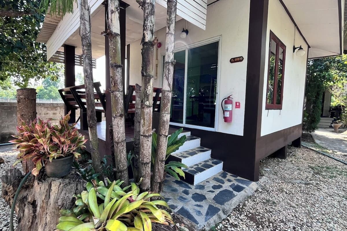 A building with a covered entrance, steps leading to a door, a fire extinguisher mounted on the wall, and a potted plant with bananas.