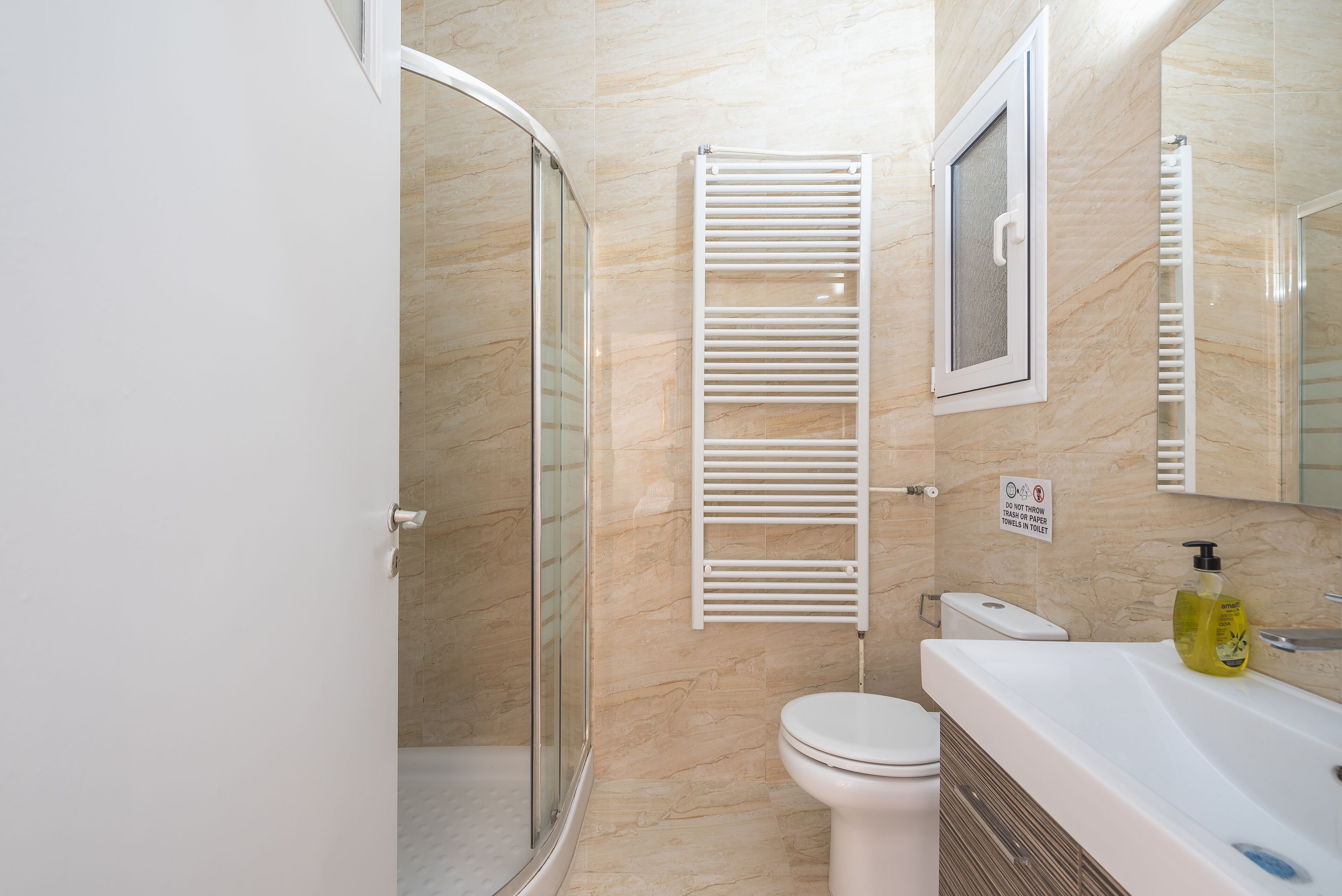 A bathroom with a glass shower enclosure, a white toilet, a white sink with a soap dispenser, and a towel rack.