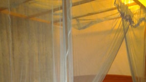 A bed with a mosquito net and a pillow. - Bandhusena Apartments (Mirissa)